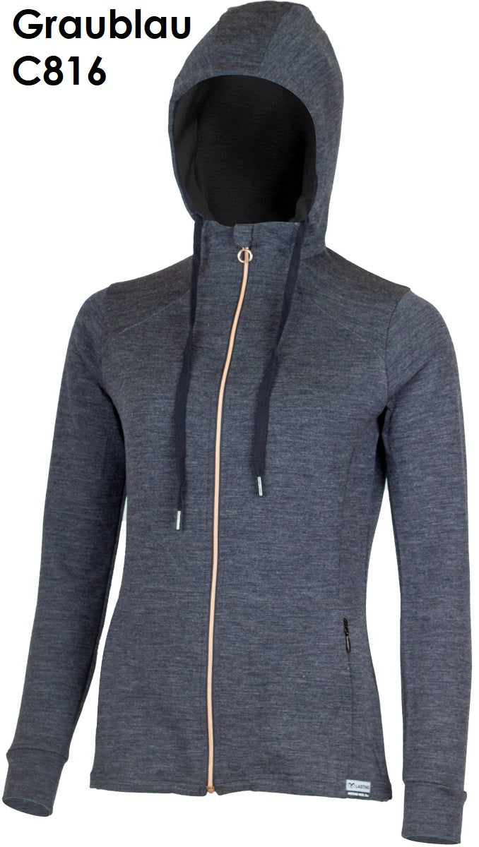 LASTING KARMINA Damen Sweatjacke aus 100 % Merinowolle mit durchgehendem Reißverschluss